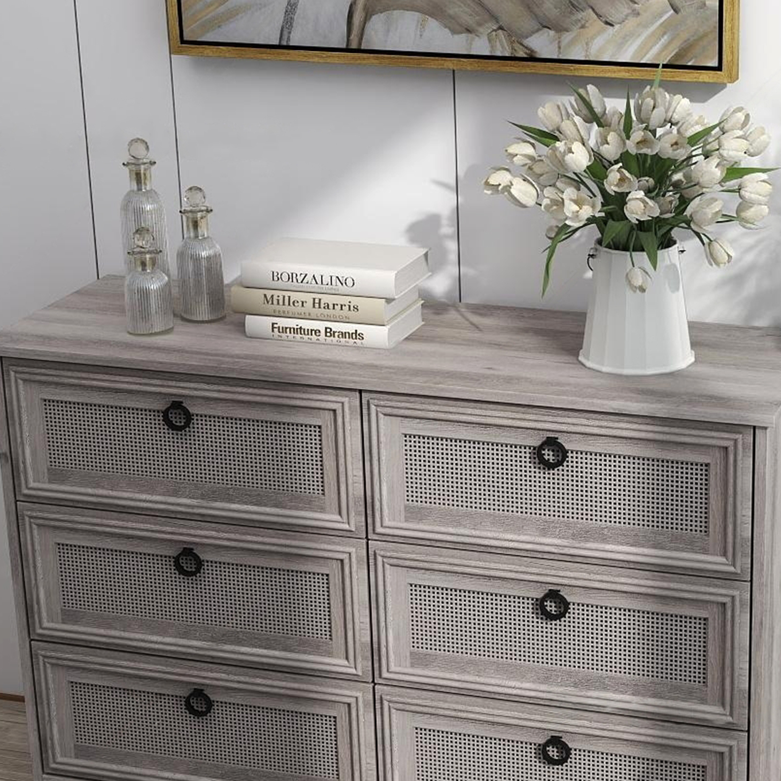 HUJAUU 6 Drawer Dresser for Bedroom, Rattan Wide Chest of Drawers for Living Room, Gray