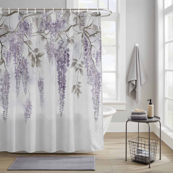 Bathroom Shower Curtain Romantic Purple Flowers Branches Leaves Waterproof Shower Curtains with Hooks, Hanging Floral Bath Curtains Bathtub Curtain Home Decor 36x72in