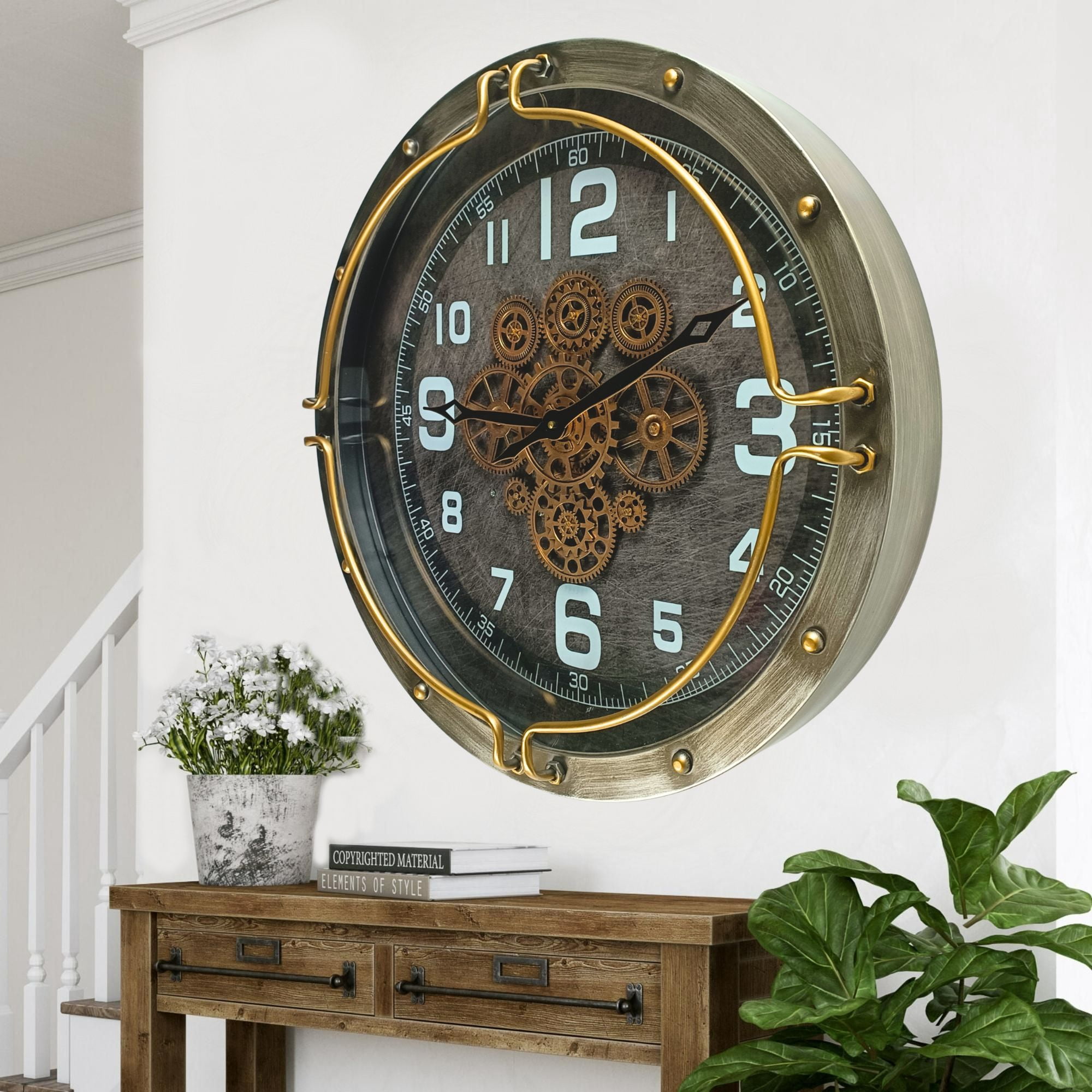 THE GEARS CLOCK Wall Clock with Real Moving Gears LU-LI_ 24 in Round SILVER-GREY