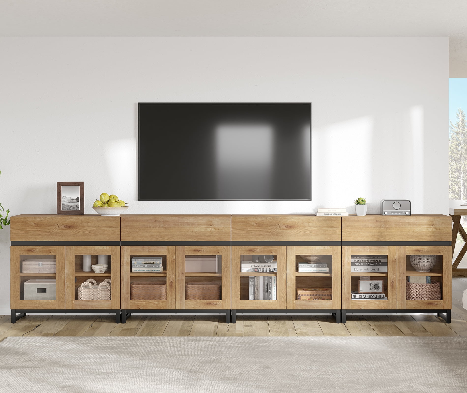 4 in 1 Extra Long Modern TV Stand with Glass Doors, Combination Entertainment Console with 4 Drawers and Stable Metal Base, Fit for 120 Inch Large TVs, Oak Finish for Living Room