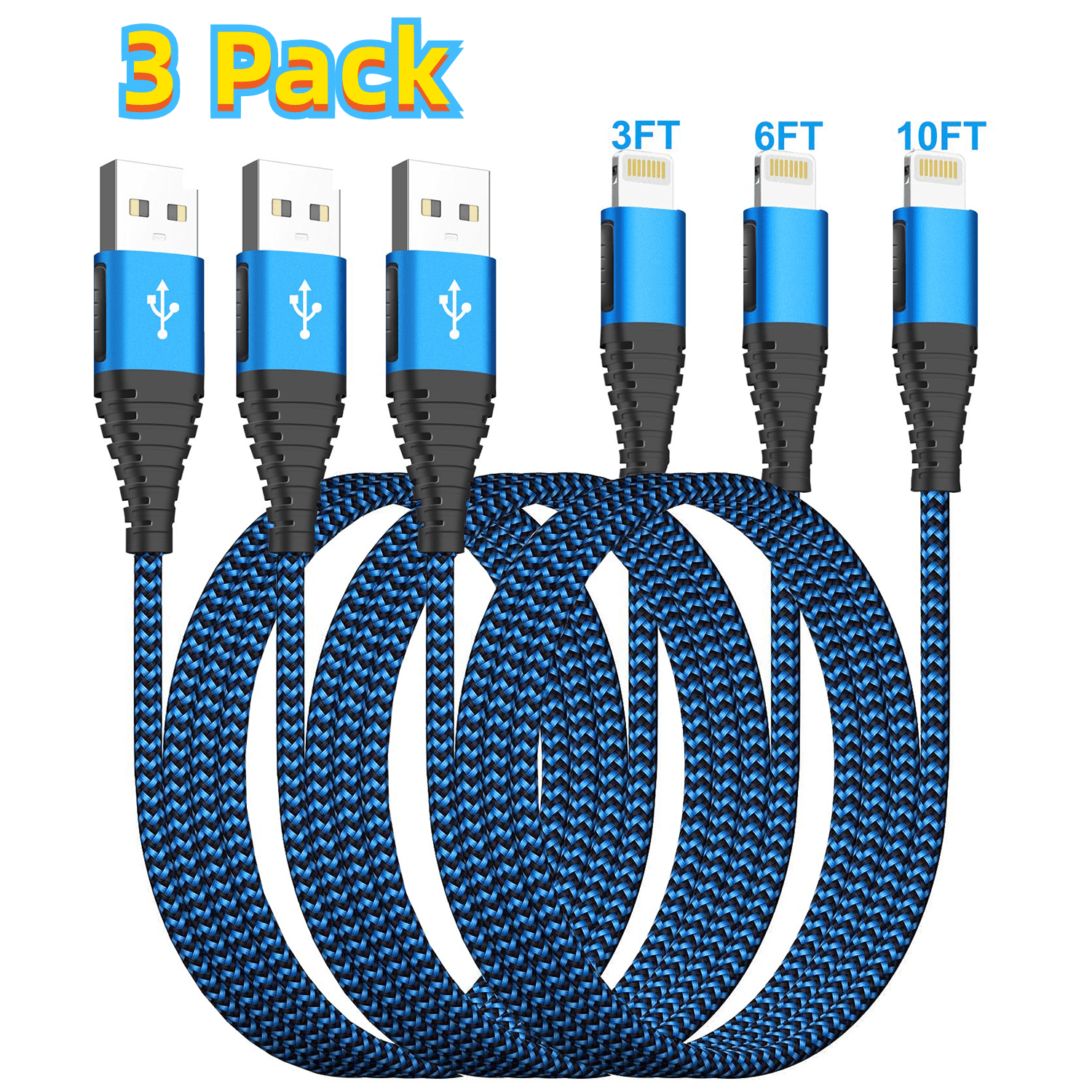 3Pack Lightning Cables 3/6/10ft iPhone Charger Cables, XUDUO MFi Certified Nylon Braided Fast Charging Cord Compatible for iPhone 13/12/11/X/XS/XR/iPad/Airpods