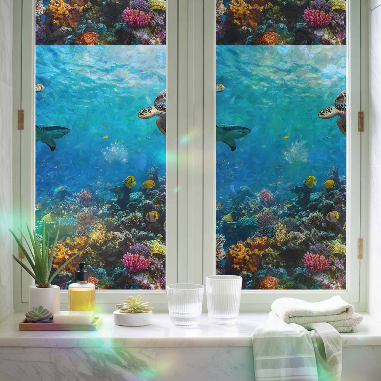 Turtle Window Privacy Film Rainbow Static Cling Stain Glass Window Film for Glass Door, Decorative Sunroof Decal Sticker for Car Bathroom Home 23.6"x59" Blue Ocean Sea Shark Coral Cartoon Fish Summer