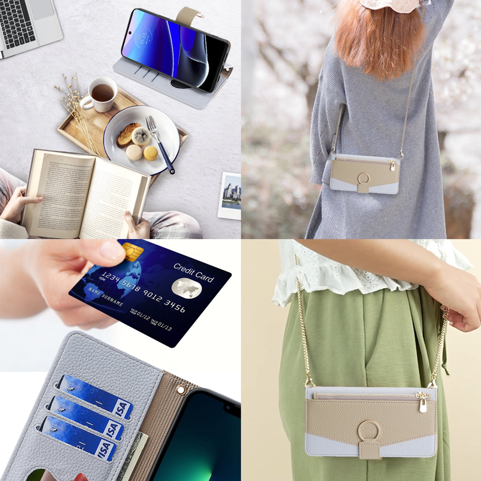 Phone Case for Samsung Galaxy A25 5G Zipper Wallet Cover with Make-up Mirror, Flip Cover PU Leather Ring Card Holder Kickstand Crossbody Strap Chain Cell Phone Case Cover for A25 5G, Blue