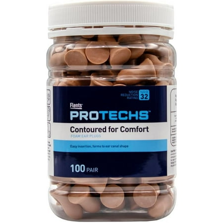 Flents Protechs Contoured Foam Ear Plugs, Ideal for Work with Loud Noise, Construction, Studying & Traveling, NRR 32, Beige (100 Pair)