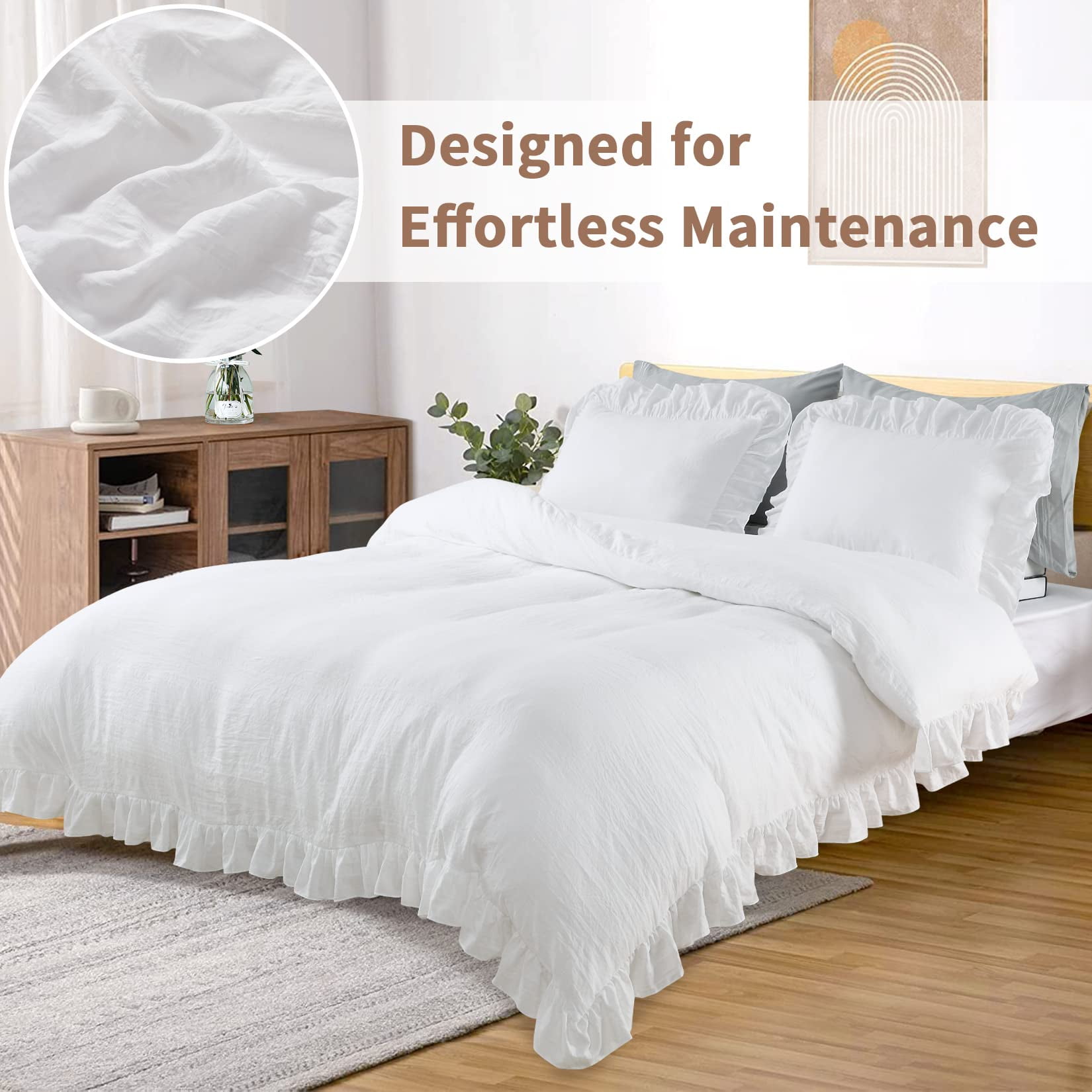 AOILE Ruffle Duvet Cover Set – 3PCS Soft Washed Microfiber, Vintage French Country Bedding, Twin/Queen/King