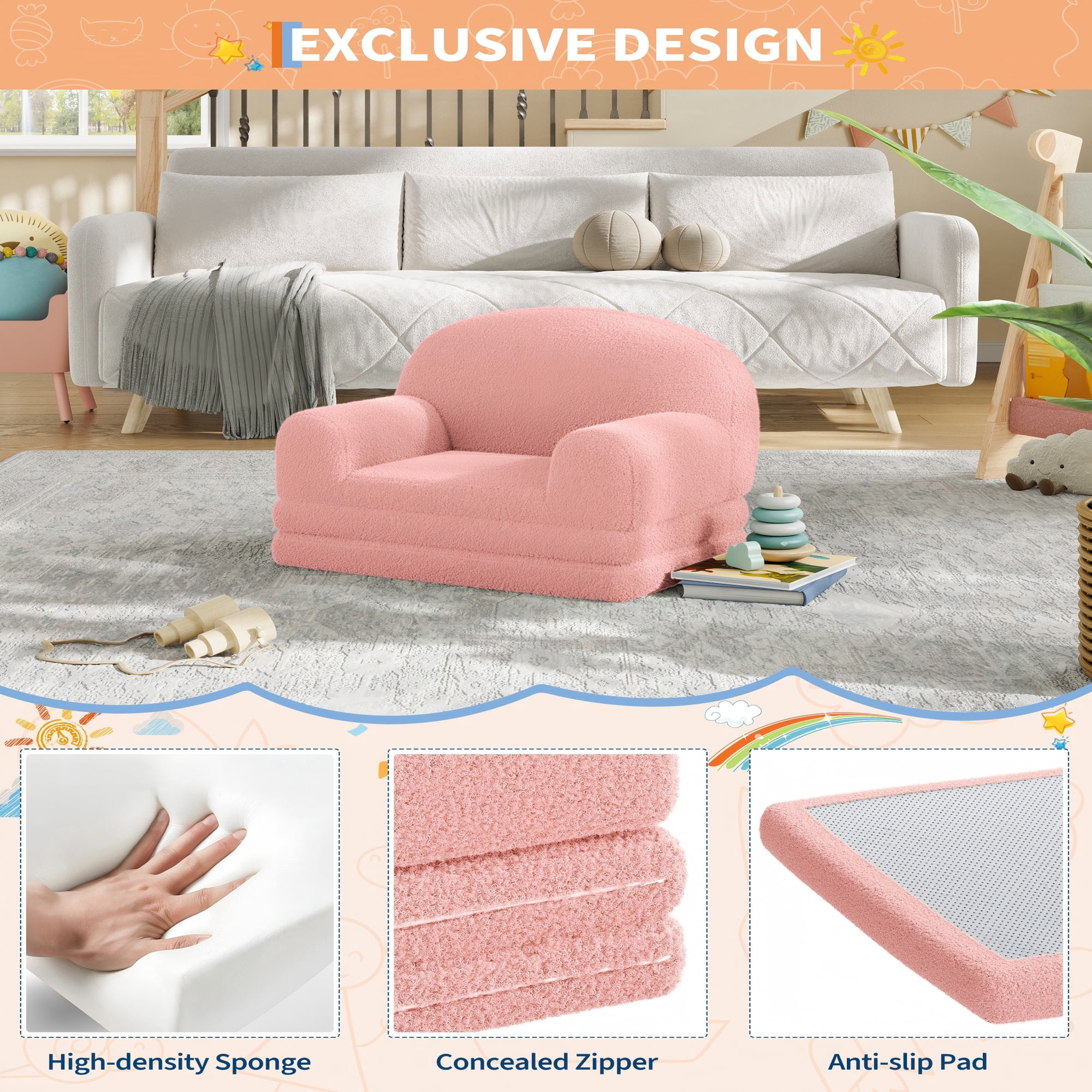 COZONY 2-in-1 Kids Sofa Chair, Convertible Toddler Couch Lounger, Fold-Out Teddy Fleece Sofa Bed