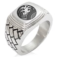thumbnail image 1 of Stainless Steel Ocean Kamon Crest Geometric Pattern Step-Down Biker Style Polished Ring, 1 of 1