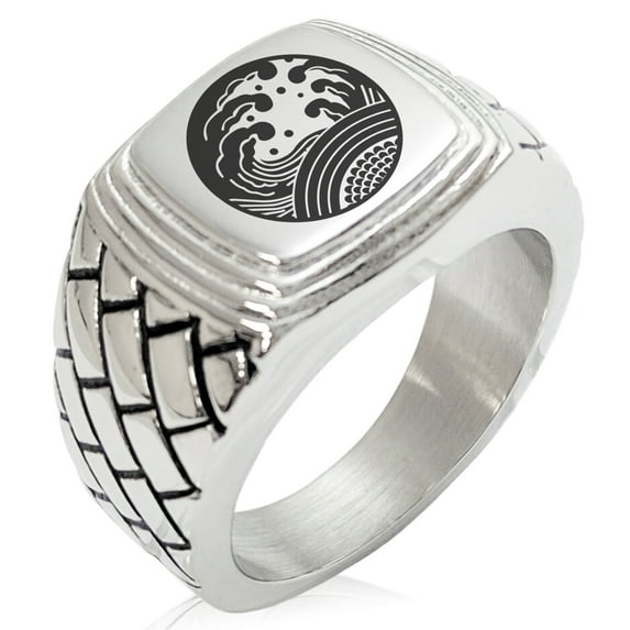 Stainless Steel Ocean Kamon Crest Geometric Pattern Step-Down Biker Style Polished Ring