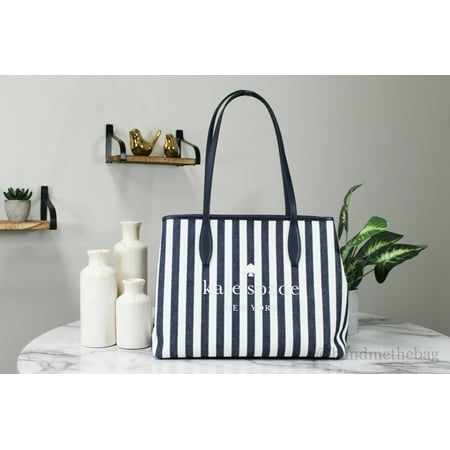 Kate Spade Street Tote Striped Blazer Blue Canvas Small Side Snap Shoulder Tote Handbag