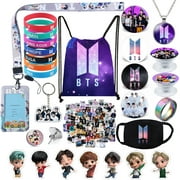 Kpop BTS Gifts Set, Including Drawstring Bag Backpack, Necklace, Earrings, Rings, Bracelets, Face Shield, Button Pins, Lanyard ID Holder, Keychain, Phone Ring Holder, Stickers