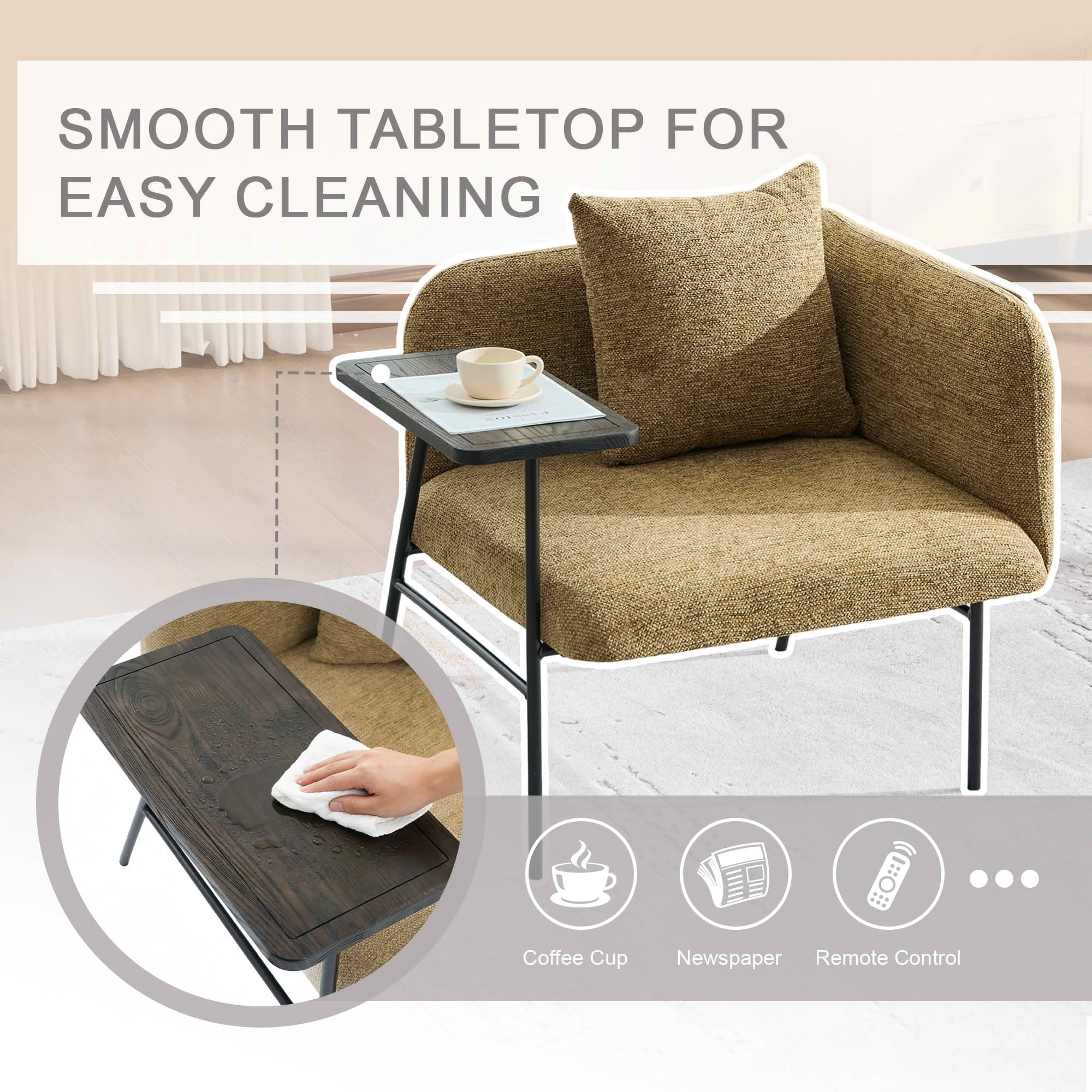 MAYEERTY Leisure Lounge Chair with Side Table & Back Pillow, Armchair, Yellow, Living Room Bedroom