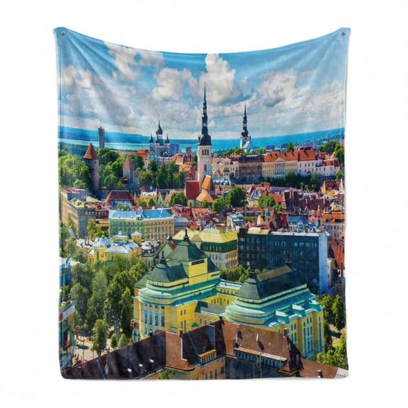 European Soft Flannel Fleece Throw Blanket, Scenic View Old Town Tallinn Estonia European Architecture Print, Cozy Plush for Indoor and Outdoor Use, 50" x 70", Multicolor, by Ambesonne