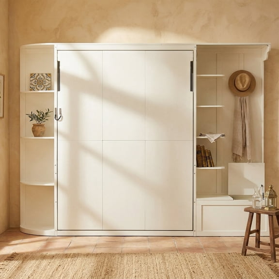 Mintazer Queen Murphy Bed with Side Shelves & LED Lights, Modern Foldable Wall Bed for Bedroom Apartment Guest Room, White