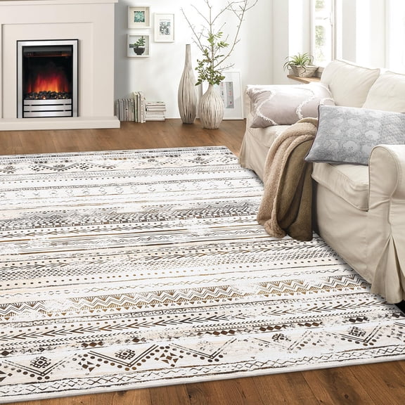 9*12ft Washable Area Rug, Modern Geometric Rug Soft Low Pile Carpet Rug for Living Room Bedroom, Large Neutral Rugs Non Slip Rug Under Dining Table Nursery Office