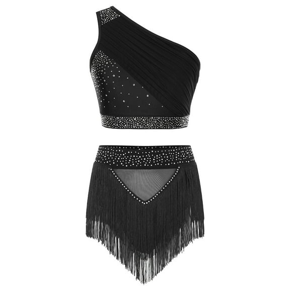 Kaerm 2-pieces Women Lyrical Dance Contemporary Outfit One Shoulder Crop Tops with Tassel Built in Briefs Skirted Black M