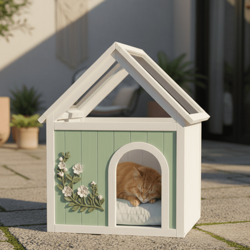 Indoor Cat House with Clear Acrylic Roof, Wooden Pet House for Small Cats & Dogs