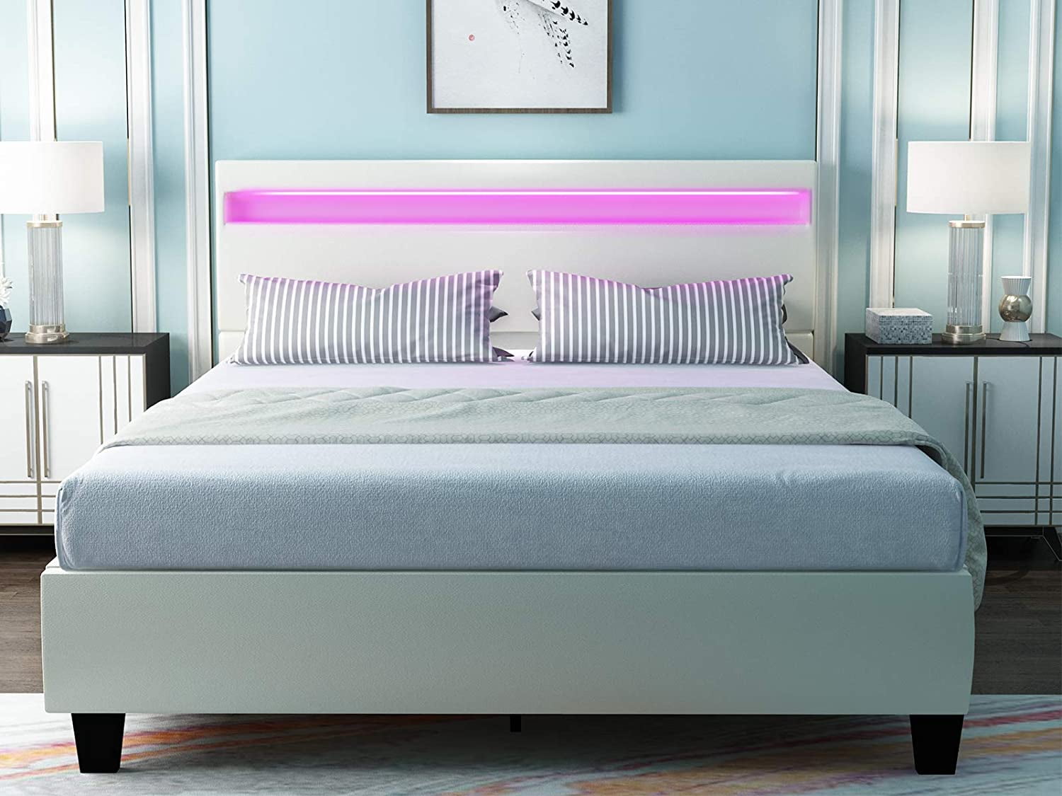 Mecor Full Size LED Bed Frame with 8 Color Changing LED Lights Headboard Modern White Upholstered Faux Leather Platform Bed Solid Wooden Slats