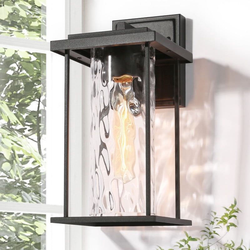 LNC Matte Black Outdoor Wall Light with Water Ripple Glass