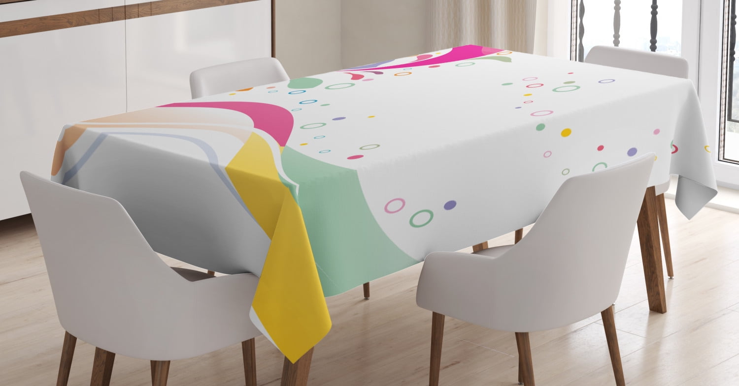 Floral Tablecloth, Cute Vivid Bubbles Circular Dots with Flower Leaves ...