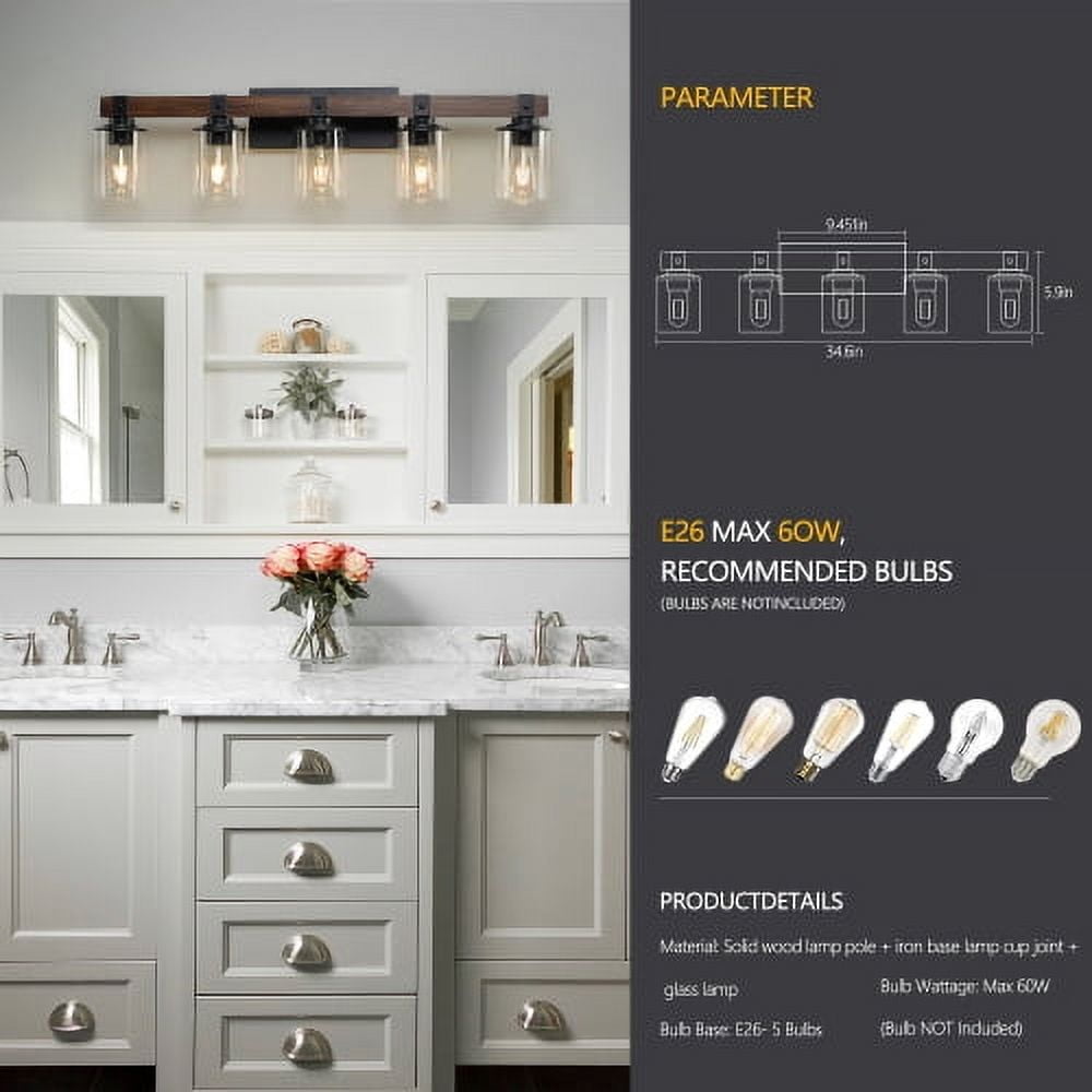 ACE-LIGHTS,5-Lights Farmhouse Rustic Bathroom Light Fixture with Glass Lampshade(Bulbs Not Included),Vanity Lights Fixture for Bathroom,Dressing Room,Bedroom,Living Room(Black)