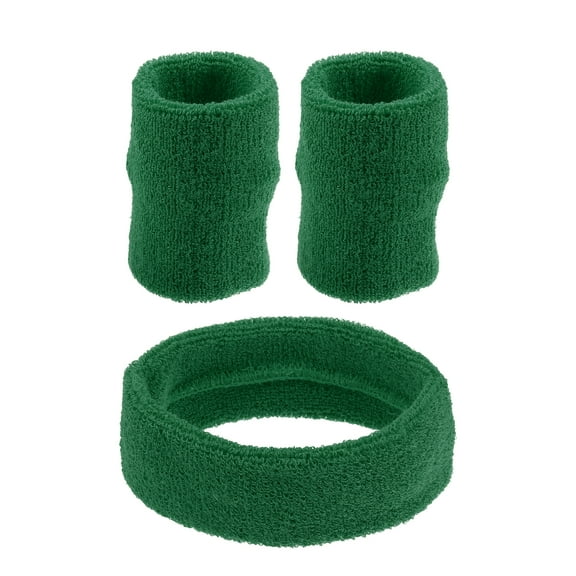 Unique Bargains 3 pcs Sports Headband Wristband Cotton Blend Sweat Absorbing Head Band Grass Green for Women