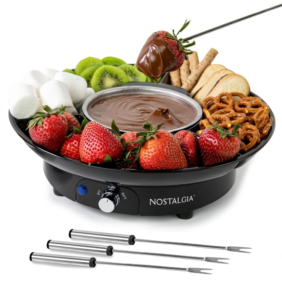 Nostalgia Electric Fondue Party Set - 10 oz Melting Pot, 4 Roasting Forks, & Detachable Serving Tray - Melted Cheese, Chocolate, or Dessert - Perfect for Gifts, Parties, Date Night - Black C113