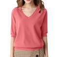 thumbnail image 2 of Fartey Womens Short Sleeve Sweaters Fashion Elegant V Neck Knitted Tops Dressy Casual Solid Color Work Blouses Loose Comfy T Shirt Sweater Pink M-3XL, 2 of 7