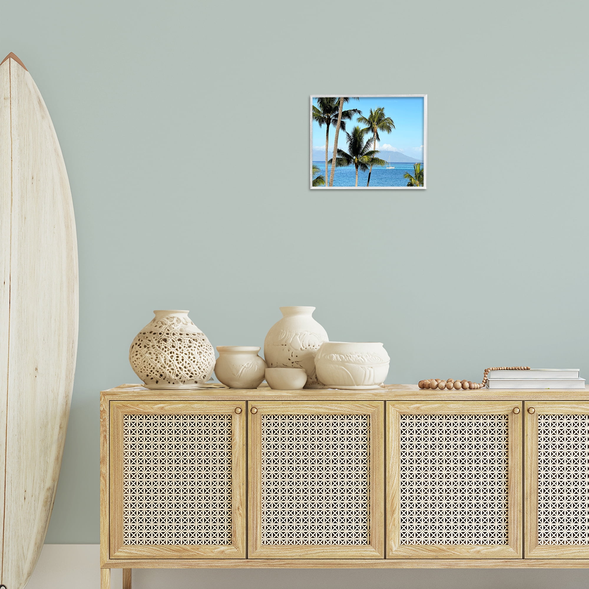 Stupell Industries Palm Trees & Sailboat Landscape Photography White Framed Art Print Wall Art, 14 x 11