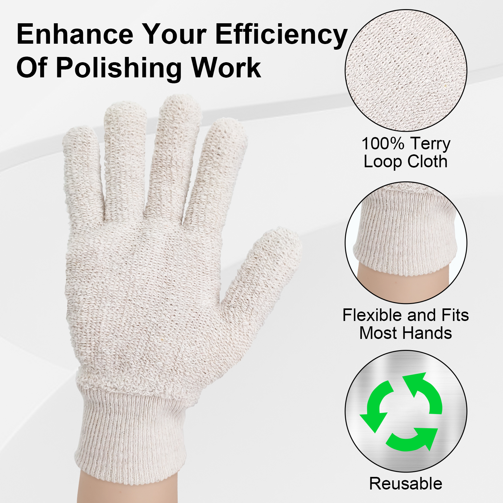 EvridWear Sterling Silver Polishing Cleaning Gloves – White, Terry Loop Cloth, Reusable