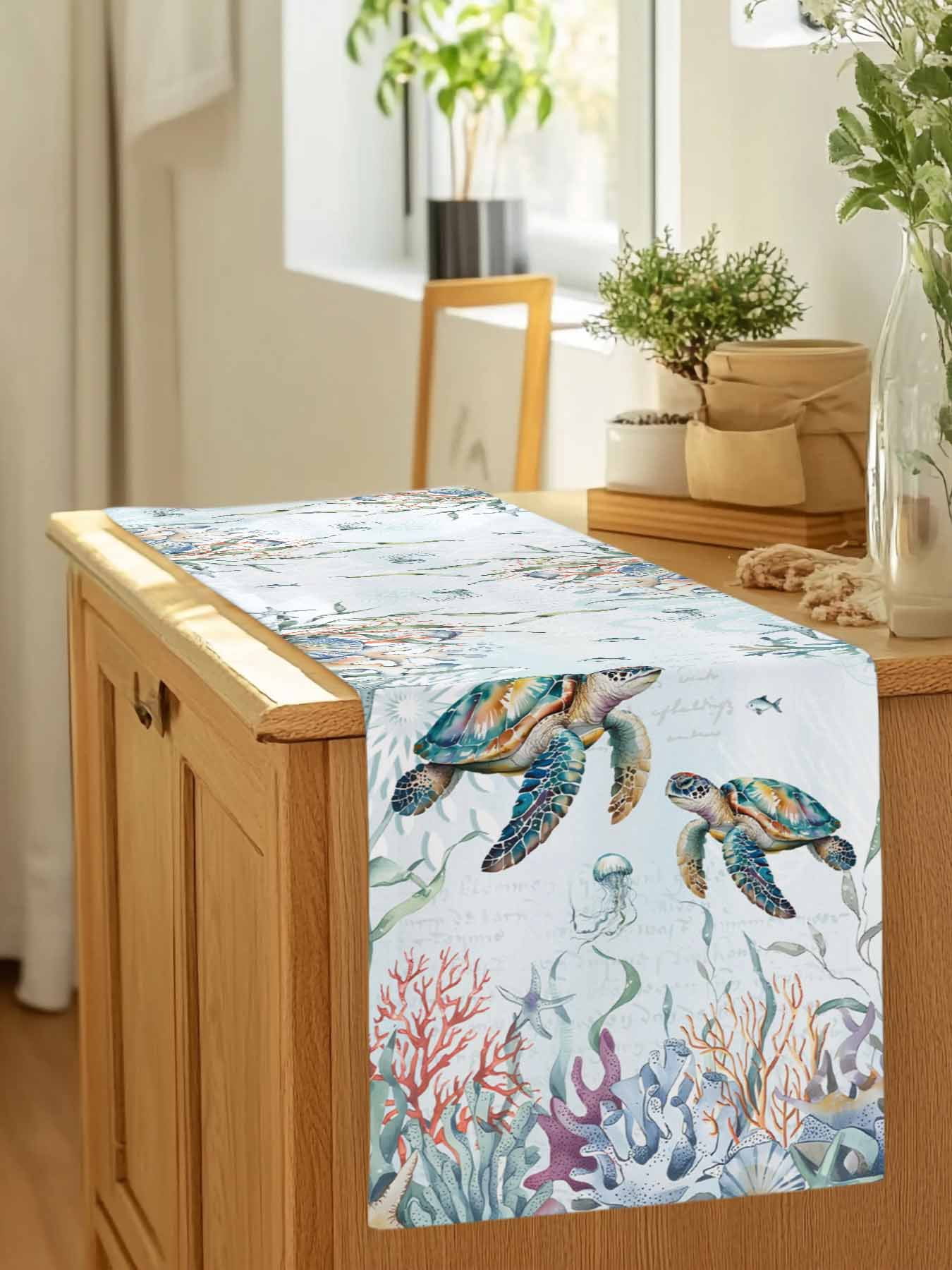 Sea Turtle Coral Seaweed Table Runner 90 Inches Long, Summer Coastal Nautical Theme Table Runners Tabletop Scarf Kitchen Dining Tables Decoration for Home Party Indoor Outdoor