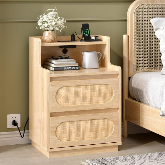 SgoodS Rattan Nightstand with Charging Station, Boho Nightstand with Drawers and Shelves, Wood Night Stand Bedroom, Real Rattan Bed Side Table/End Table，2 Drawer 2 Shelf-1
