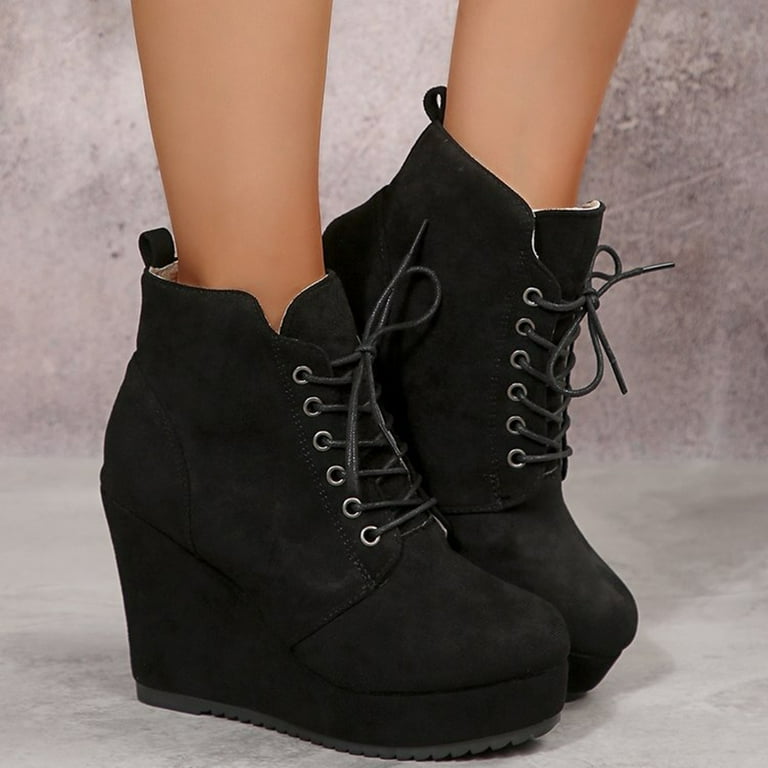 Suede Wedge Heel Boots Booties Black Wedge Lace-Up Wedge Ankle