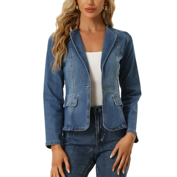 Unique Bargains Lapel Collar Jean Jacket for Women's Long Sleeve One Button Work Denim Blazer Blue L