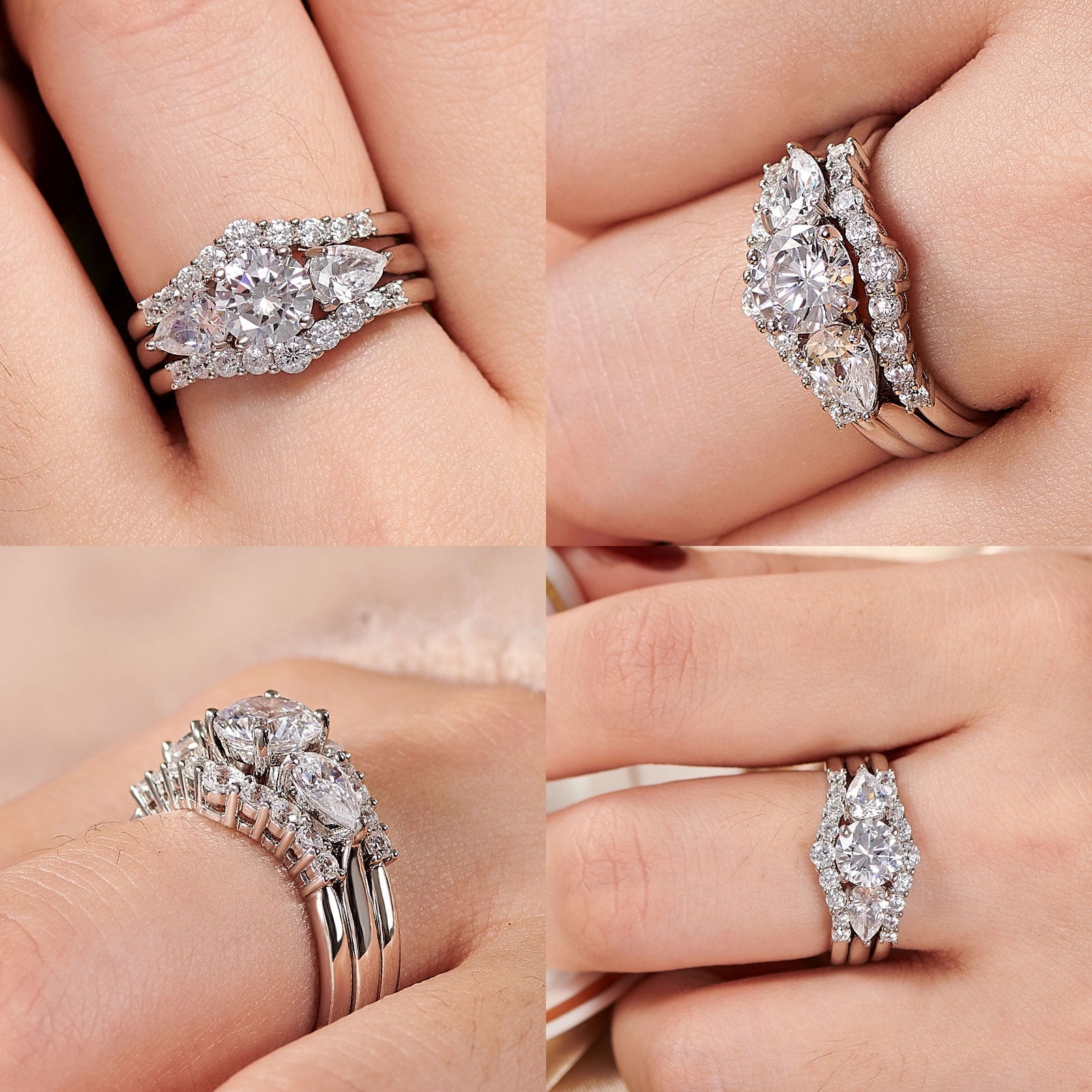 Wuziwen 2 Carat Wedding Ring Set for Women 3Pcs Engagement Rings CZ 925 Sterling Silver Size 6.5