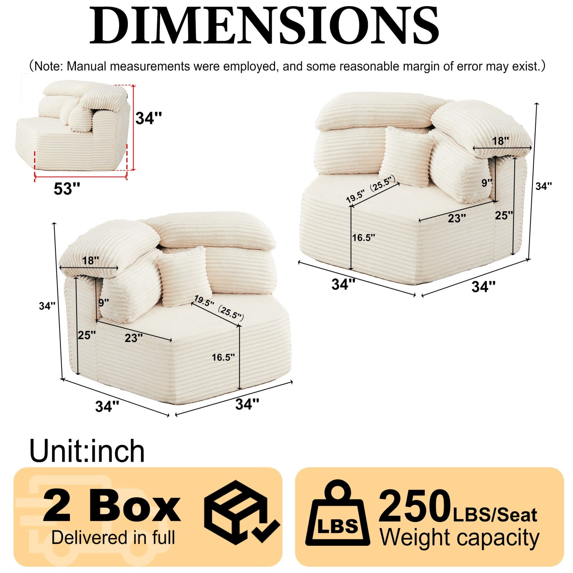 Sailvan 2PCS 53" Modern Corduroy Modular Lounge Chair, Pentagonal Seater Cloud Sofa with 6 Enveloping Pillows for Living Room Beige