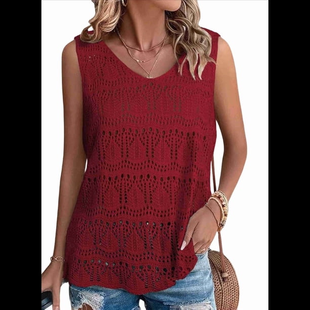 Camiseta Sin Mangas de Verano para Mujer, , con Cuello en V y Crochet, Color Rojo, Talla L