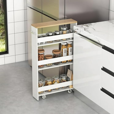 Slim Storage Cart, 4-Tier Rolling Cart with Handle, Laundry Cart between Washer and Dryer, Wood Spice Rack next to Fridge, Narrow Shelving Unit for Kitchen, Bathroom, Small Spaces