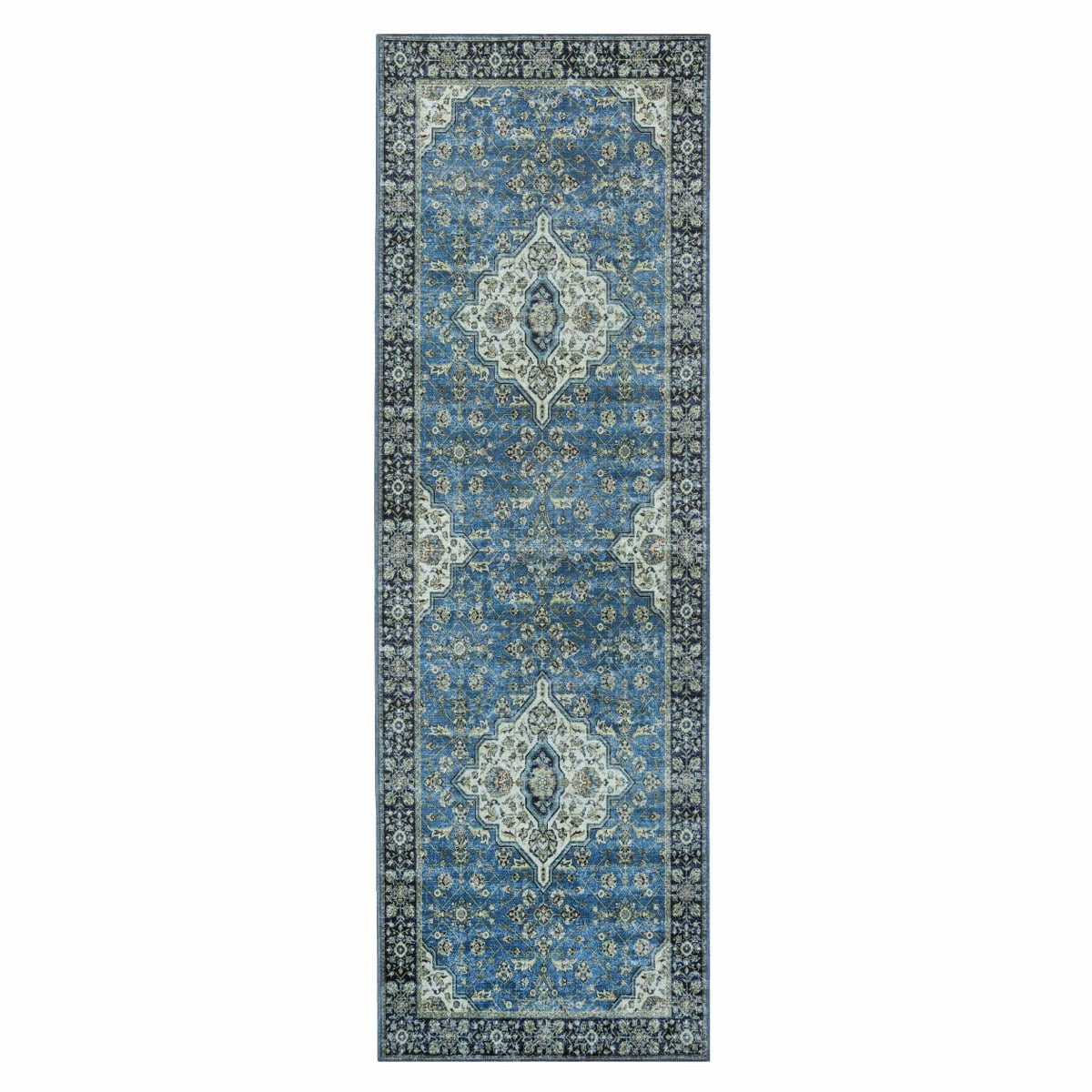 Superior Jay Medallion Bordered Washable Indoor Runner Rug, 2' 7" x 8', Blue
