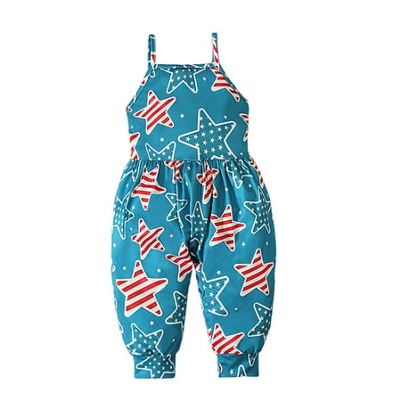 

Toddler Baby Girls Jumpsuit Independence Day Pattern Strap Sleeveless Romper with Pockets Haren Pants Summer Casual One Piece Outfits