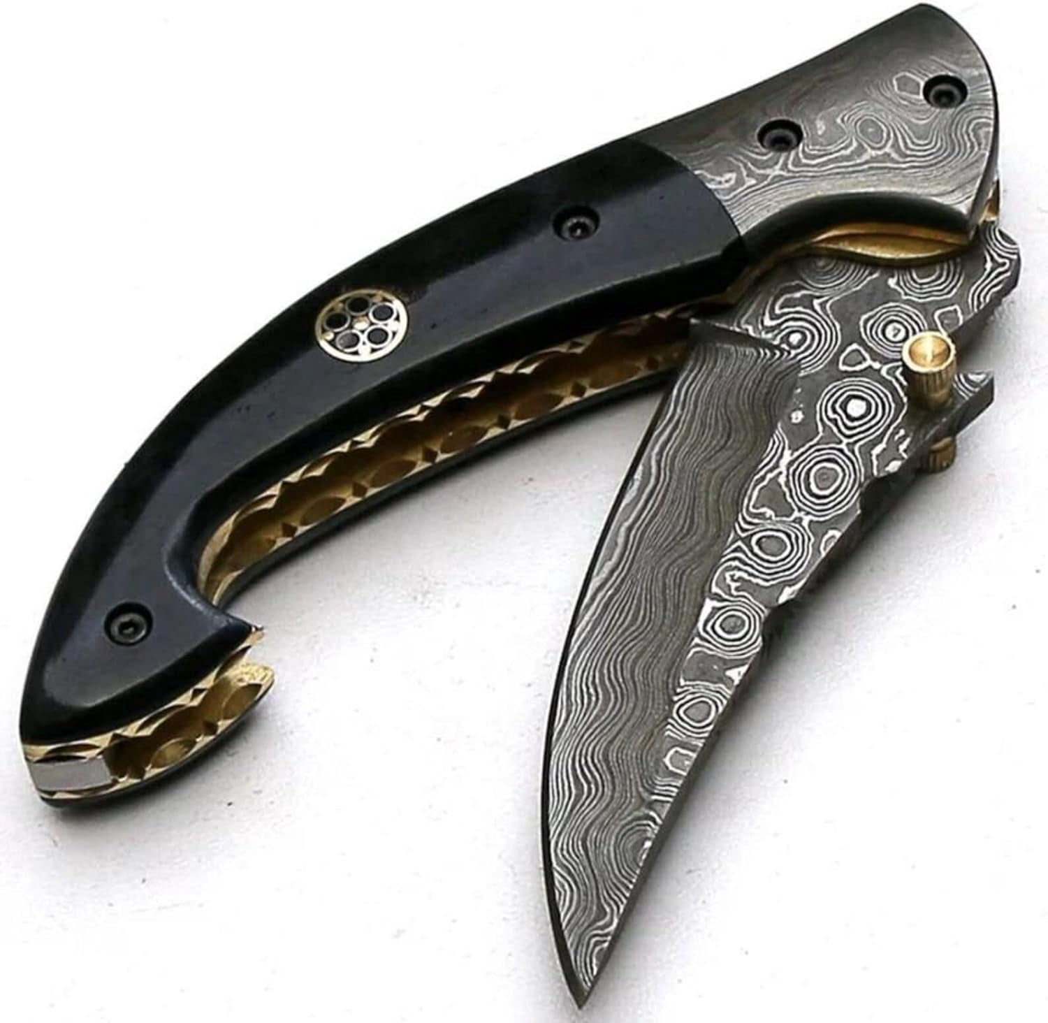 Poshland FNA-32 Handmade Damascus Steel Folding Knife with Black Colored Bone Handle & Sheath