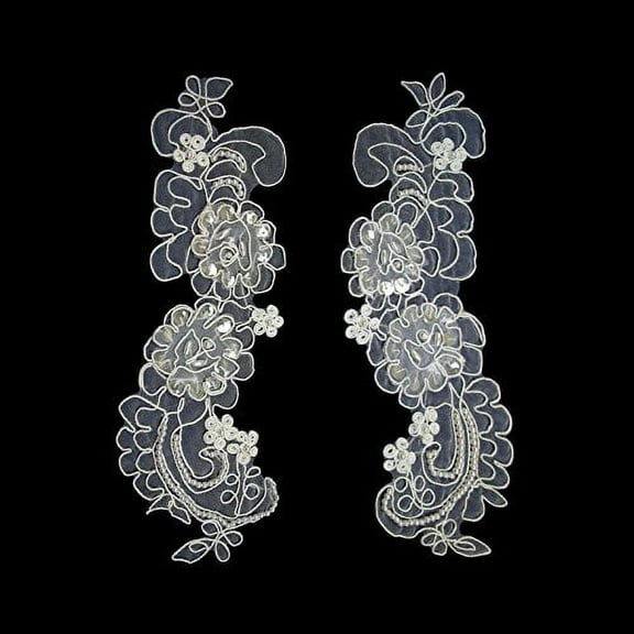 7.5"x2.75" Ivory Bridal Beaded Sequins Embroidery Motif Applique by Pair