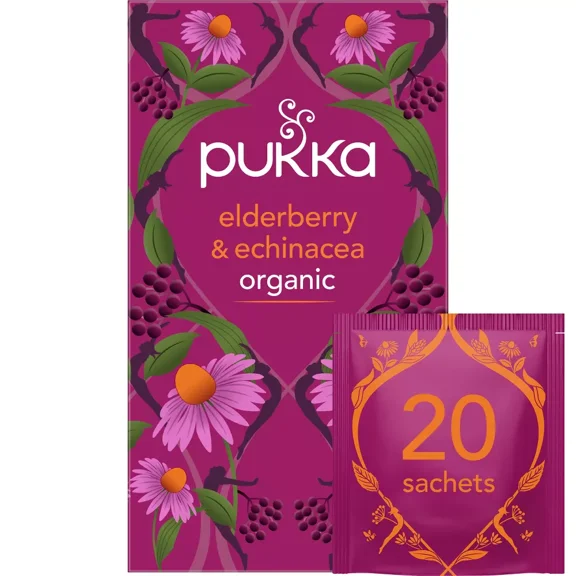 Pack of 4, Pukka Herbs Organic Elderberry & Echinacea Herbal Tea, 20 bg - 1.41 oz