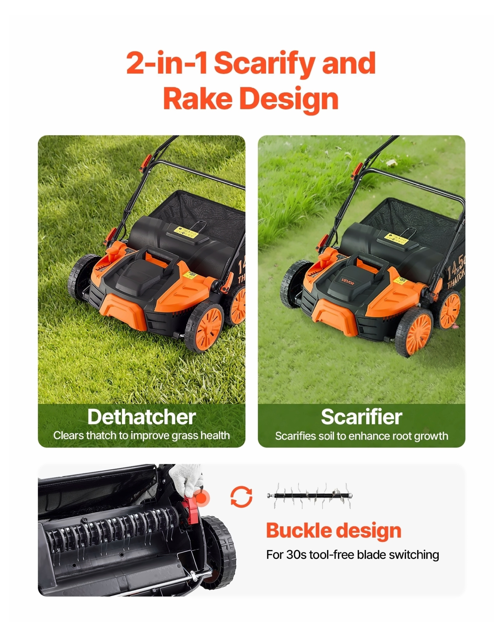Electric Dethatcher Scarifier, 16-Inch 15 Amp Corded Lawn Tool with Thatch Bag