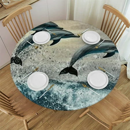 

Sheronv Dolphins Ocean Birds Round Tablecloth with Elastic Edge Stain-Resistant and Washable Ideal for Indoor and Outdoor Use 100% Polyester Fabric Waterproof Home Decor 46 -50