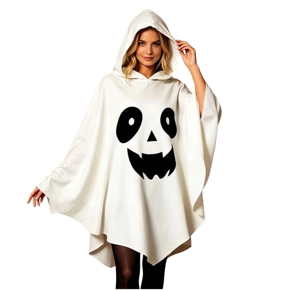 FchengtaiS Halloween Ghost Costume for Adult White Ghost Poncho Hooded Cape for Women