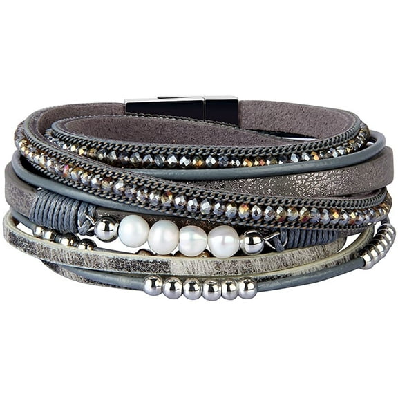 Leather Wrap Bracelet Boho Cuff Bracelets Crystal Leather Bracelet Magnetic Multi Strand Bracelets Bohemian Bracelet Leather Wristbands Bangle Jewelry for Women Teen Girls Wife Mother