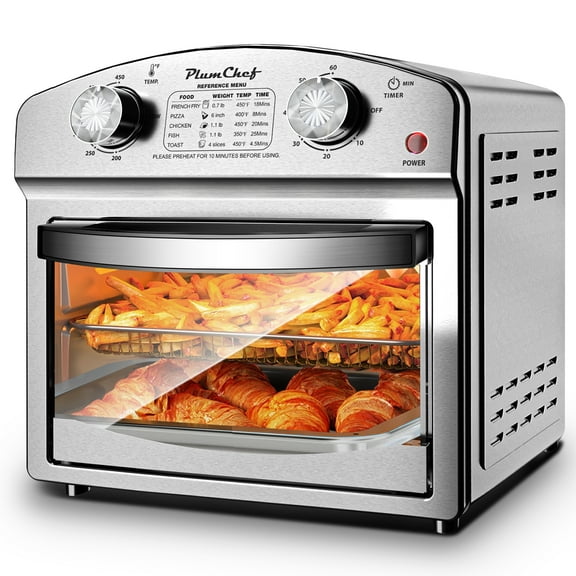 PlumChef 12 Quart 4 Slices Air Fryer Convection Toaster Oven, 1500W ,5 Pre-set Menus, 7 in 1 Multifunction with Roast,  Bake, Grill, Broil, Toast, Dehydrate, Defrost, Stainless Steel