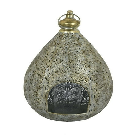 Benjara BM315654 18 in. Gold Metal Decorative Lantern, Embossed Design - Tear Drop Shape