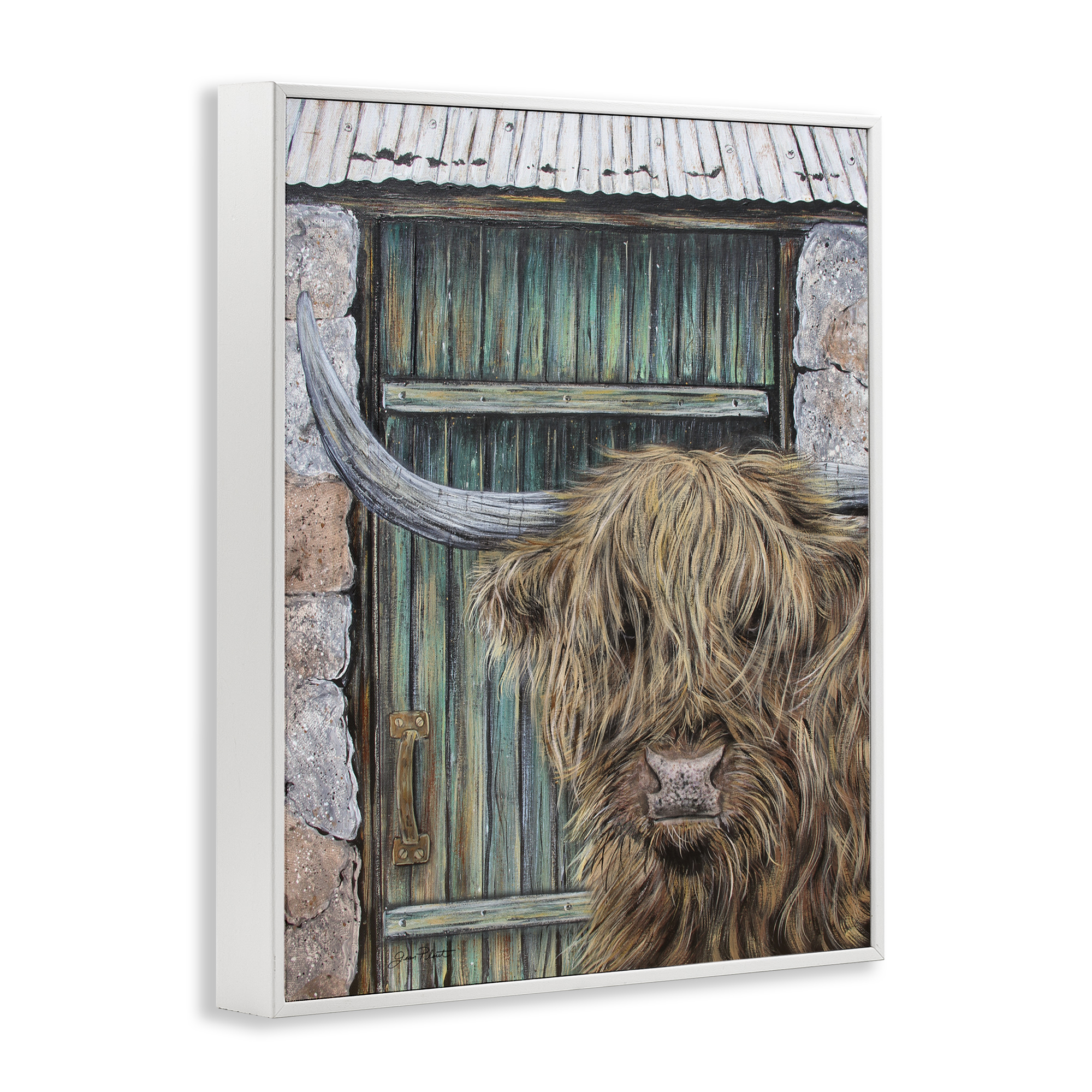 Highland Cow by Barn Door White Framed Giclee Art, design by Jean Plout