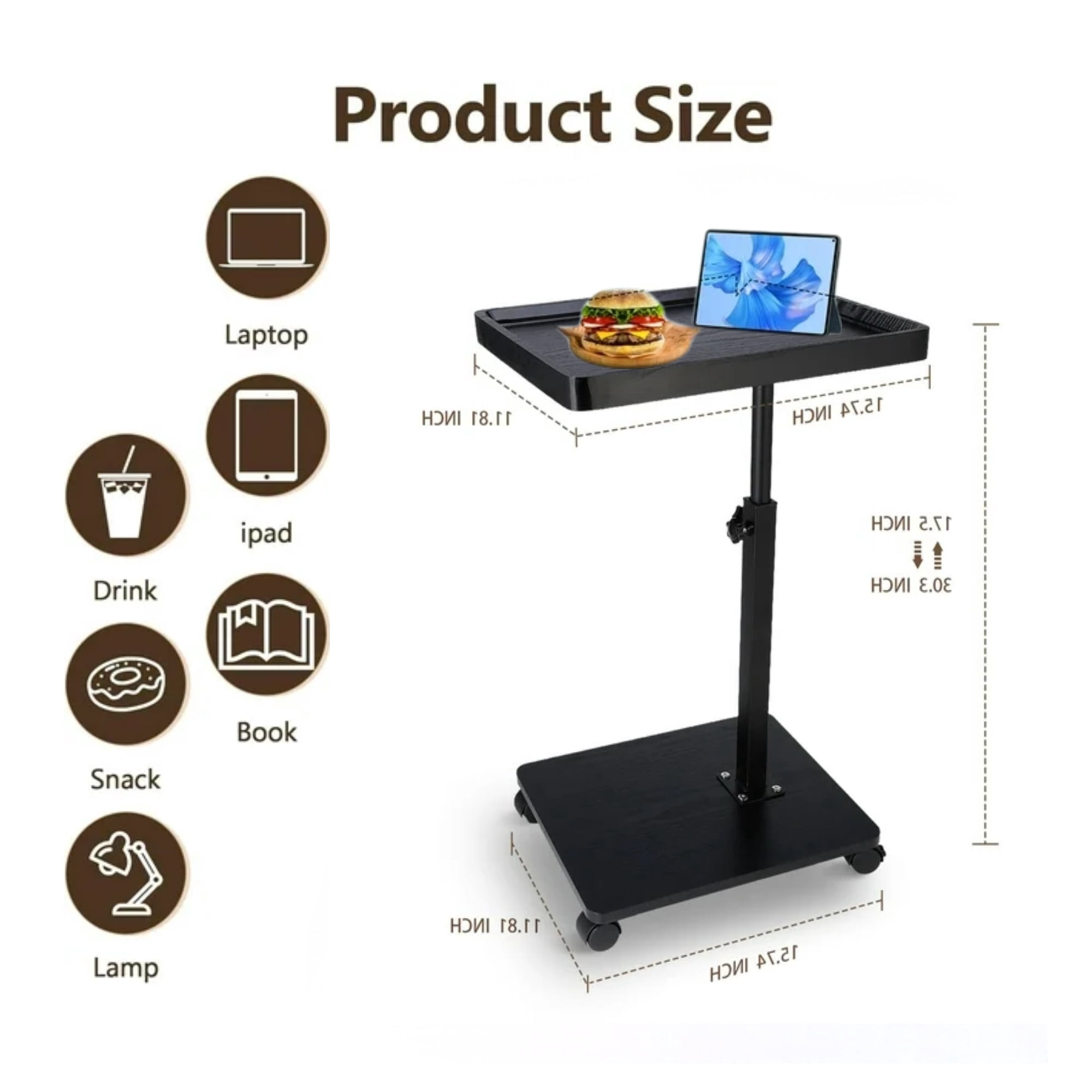 ManyFun C Shaped Side Table End Table, 360° Swivel and Adjustable Height ,living room and bedroom (Black)